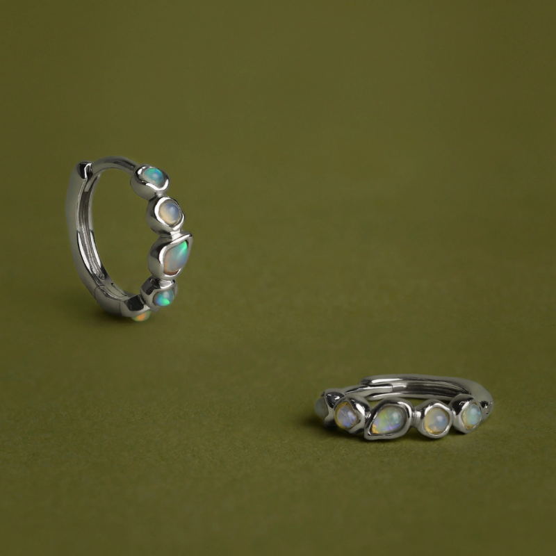 Iridescent Opal Bezel Huggie Earrings for Women